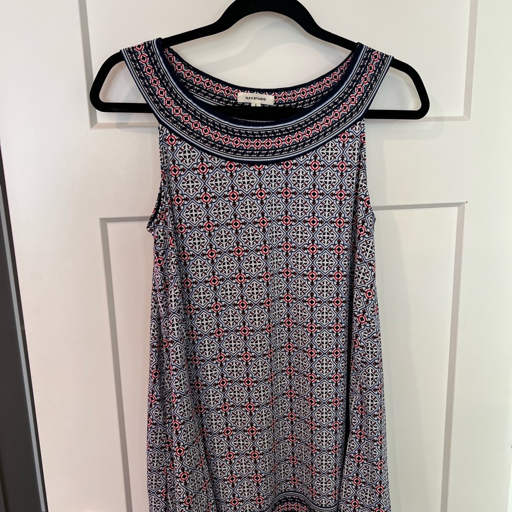 Max Studio Navy and Red Patterned Mini Dress